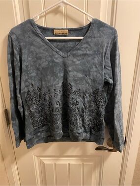 NU Construction L Top Gray Black Thermal Bling Crop Shirt 3/4 Slv Tie Dye Large